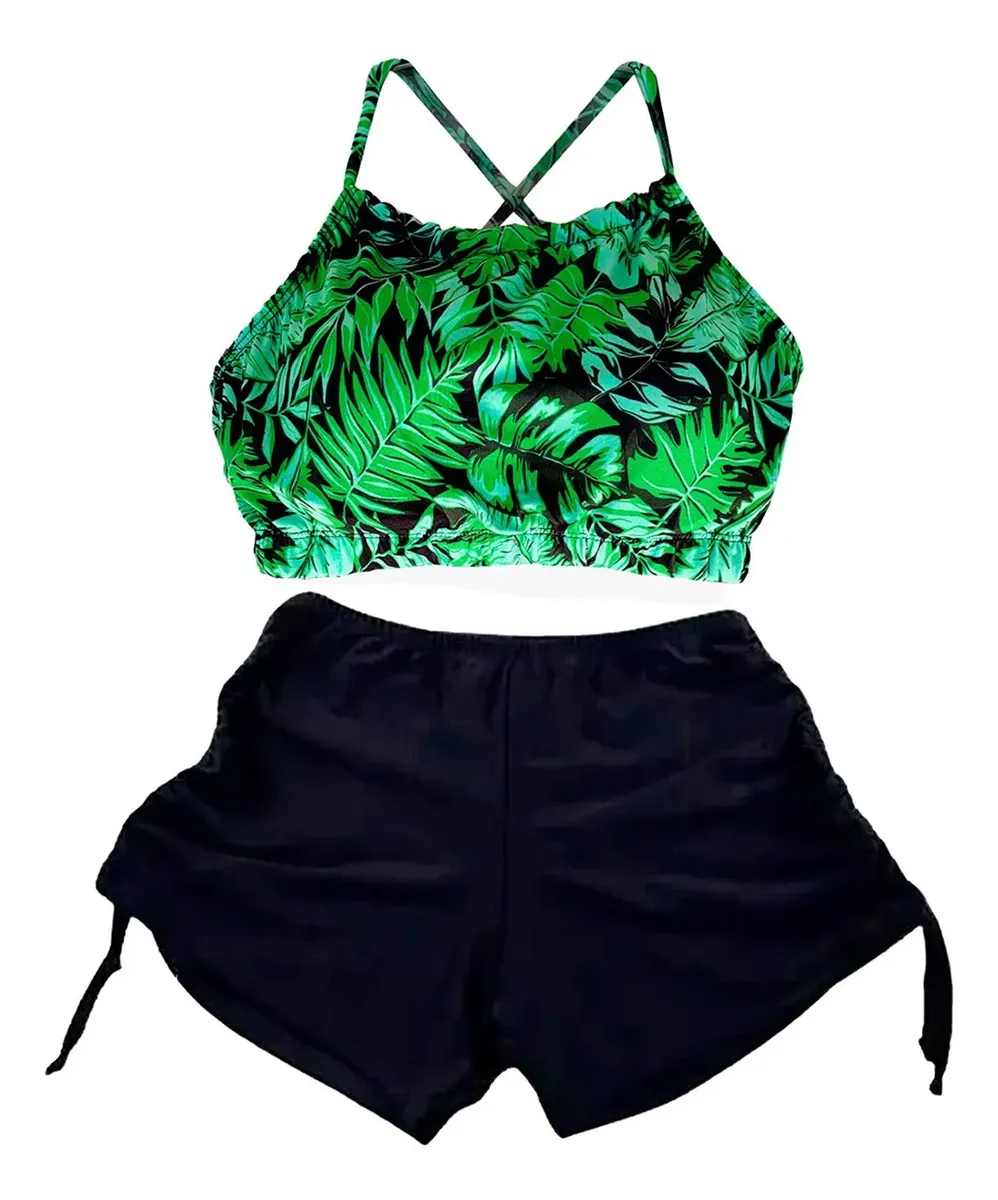 Biquíni Top Cropped Com Shorts Estampado -conjunto Com Bojo