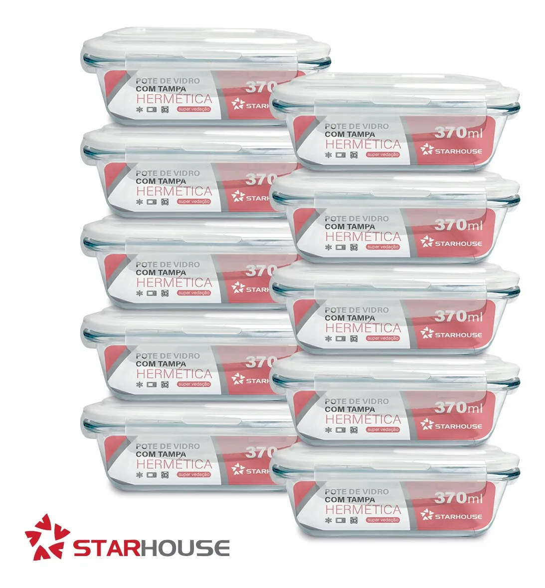 Kit 10 Potes Vidro 370ml Hermético Marmita Forno Refratário Star House