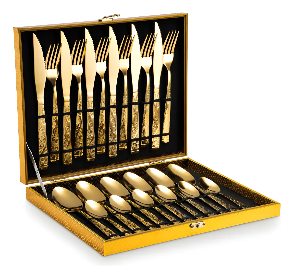 Eps-158 Kit Faqueiro Dourado Luxo Jogo Talheres Inox 24pçs + Maleta