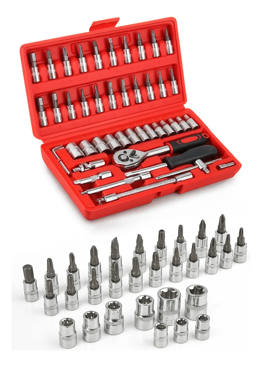 Jogo De Ferramentas Kit Multiuso Soquete 1/4 46 Peças Profissional Com Maleta Completa Aço Cromado Chaves Bits Catraca Reversível Extensões Junta Universal Portátil Reforçado Doméstico Automotivo