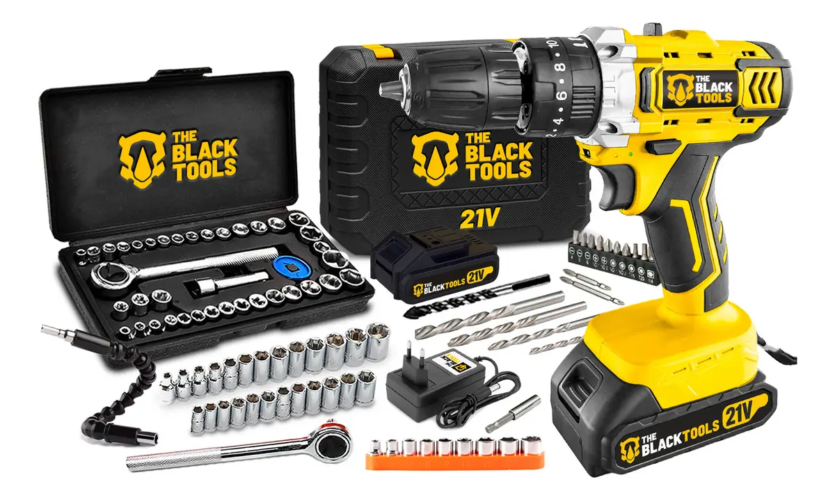 Furadeira Parafusadeira De Impacto 2 Baterias 21v 3/8 Tb-21pkx Com Jogo De Soquetes 40 Peças The Black Tools