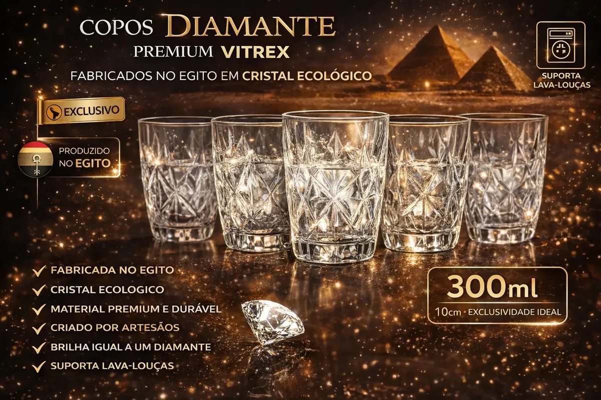 Jogo 6 Copos Diamond Egipcio 300ml Vidro Grosso Diamante Luxo Transparente Vitrex
