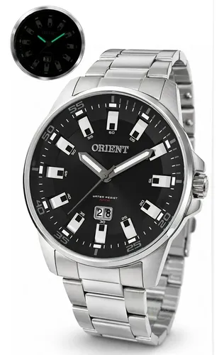 Relógio Masculino Orient Prateado 100m Quartzo Analógico Fundo Preto