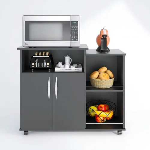Armário Cozinha AJL Preto Fruteira com Rodas Porta Microondas 2 Portas