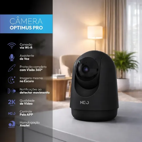 Câmera Inteligente Optimus Pro Full HD 2K Wi-fi 2.4 GHz 360° Com Visão Noturna Preto Cod: 395045817 Avant Neo