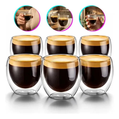 Copos Café Vidro Kit 6 Parede Dupla 90ml Borossilicato Transparente Expresso - R$ 38,9