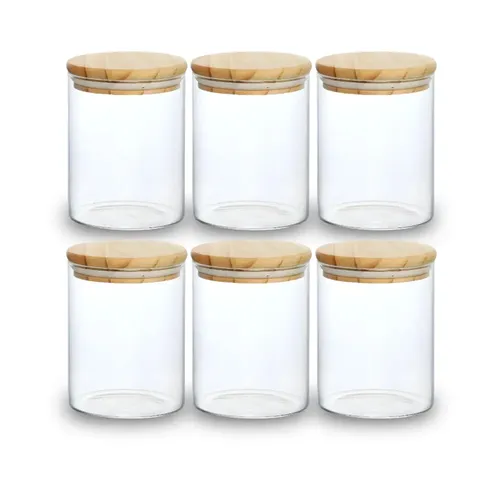 Kit 06 Potes De Mantimentos Herméticos 300ml Pote Redondo De Vidro Tampa De Bambu