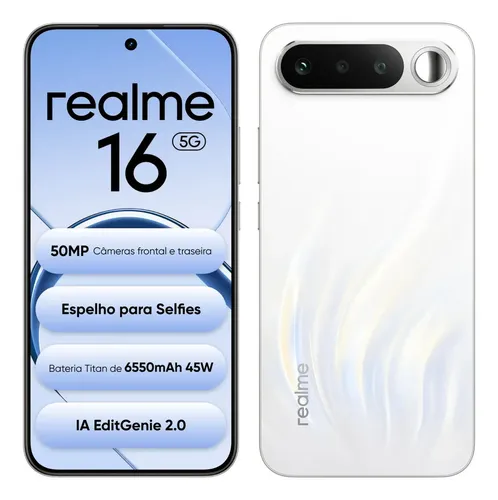 Smartphone Celular Realme 16 5g 256gb 12gb Ram Dual Sim Câmera De 50mp Lumacolor Image Espelho para Selfies Bateria 6550mah Impermeável Ip69 Pro 4200nit Amoled Branco