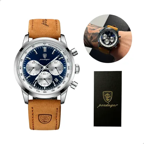 Relógio Luxo Poedagar Masculino Pulseira Em Couro Funcional