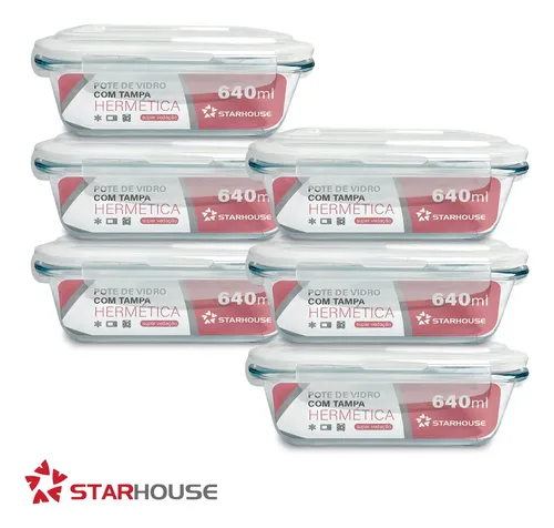 Kit 6 Potes 640ml Vidro Hermético 4 Travas Marmita Refratario Star House