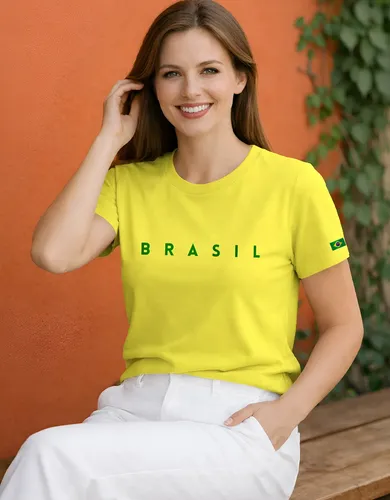 Camisa Feminina Básica Brasil Bandeira Copa Casual Algodão