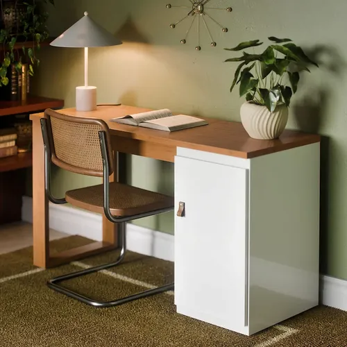 Escrivaninha Paris 115cm de Home Office com 1 Porta e Puxador de Couro