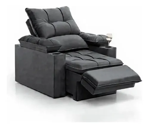 Poltrona Reclinável Veludo Cinza Com Porta Copo E Apoio De Pés Retrátil Poltrona Confortável Para Sala Tv Megalarstore