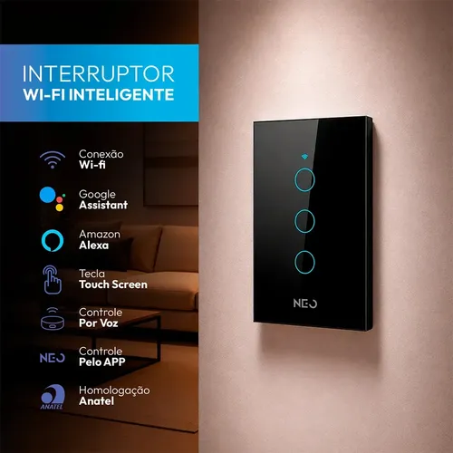 Interruptor Inteligente Wifi 4x2 Touch 3 Botões Alexa Google Cor Preto NEO by Avant