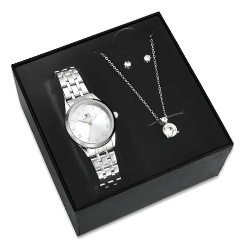 Kit Relógio Colar E Brincos Ponto De Luz Feminino Luxo Silver Saint Germain Presente Original Joias Prata Elegante Clássico 28mm